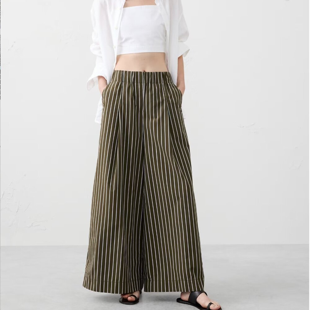 Banana Republic NWT Olive Stripe Wide-Leg Mid-rise Pull-on Poplin Pants |XS Tall